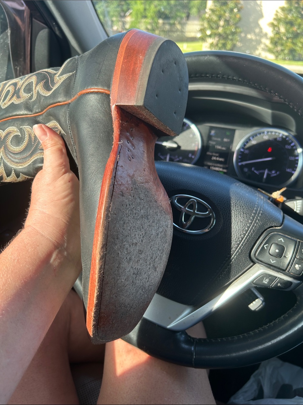 Black Leather Cowboy Boot with Tan Embroidery - Picture 2 of 7
